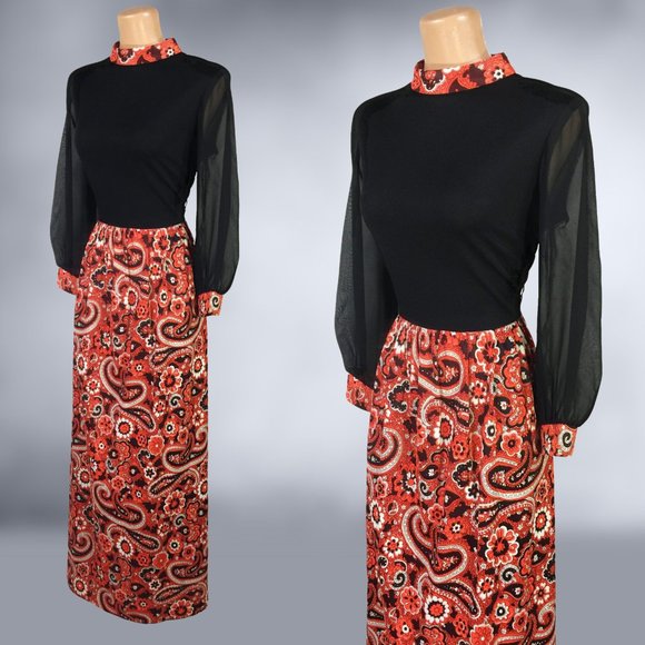 VINTAGE 70s Sheer Bishop Sleeve Paisley Print Maxi Dress size 12 - Picture 4 of 8